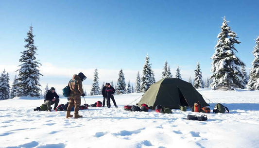 Group setting up a green tent in snow with essential outdoor equipment for winter camping in a snowy forest