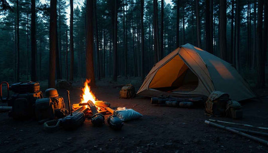 Camping setup in forest at night featuring tent, campfire, and modern tactical gear innovations laid out on ground