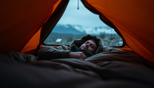 The Evolution of the Sleeping Bag shown by camper bundled in sleeping bag inside orange tent with mountain view