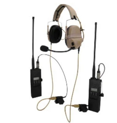 Survival gear headphones with dual radios featuring adjustable headband and high-quality microphones