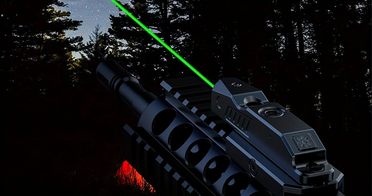 Military laser sights featuring a green laser on a tactical firearm against a dark forest background
