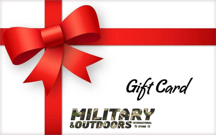 Gift card with a red ribbon, perfect for gifting at Military and Outdoors store