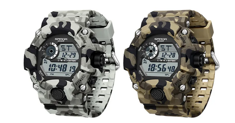 Military style watches in camouflage designs with digital displays and durable straps