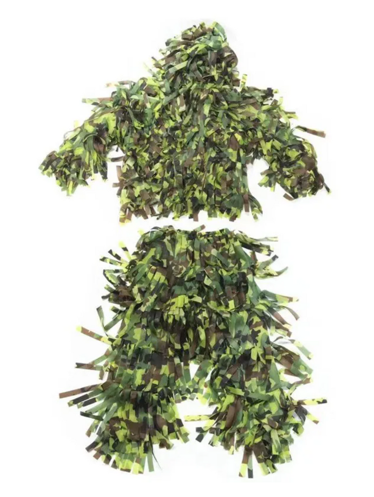 Camouflage suits for outdoors featuring a full outfit made of layered green material