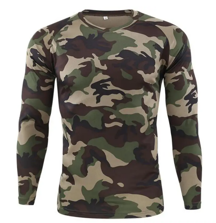 Tactical camo long sleeve t-shirt in a stylish camouflage pattern, ideal for outdoor activities