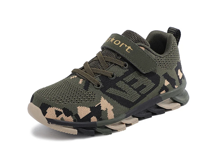 Stylish tactical shoes for children featuring durable mesh and a trendy camouflage design