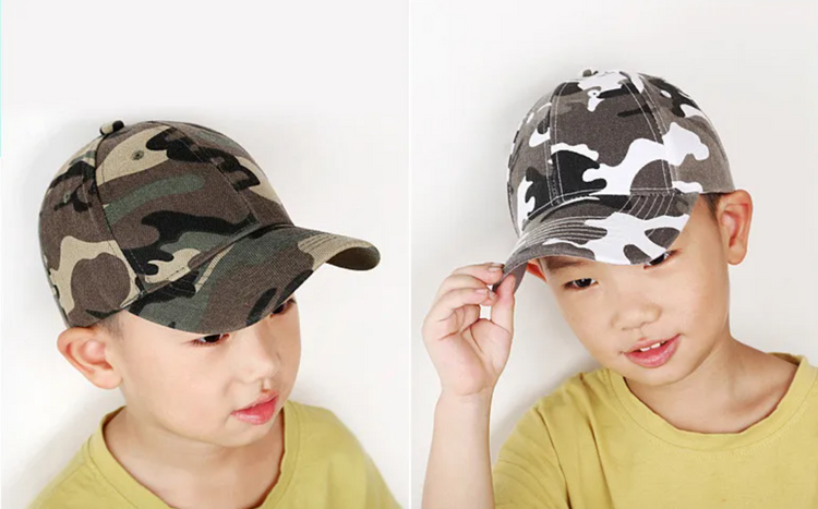 Military style kids hats in camouflage patterns, perfect for outdoor adventures and play.