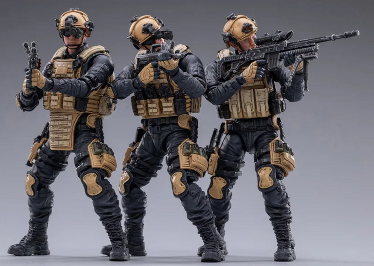 Military action figures collection featuring three detailed articulated soldiers in tactical gear