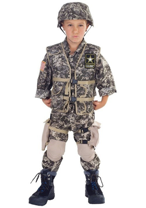 Kids military uniforms collection showcasing camouflaged costumes and accessories for imaginative play