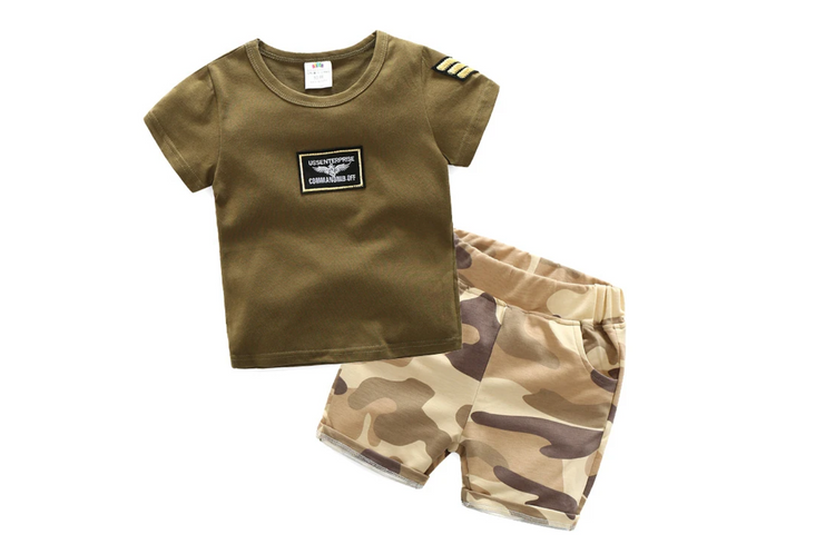 Boys adventure clothing featuring a camo print short and olive green tee for playful outdoor activities