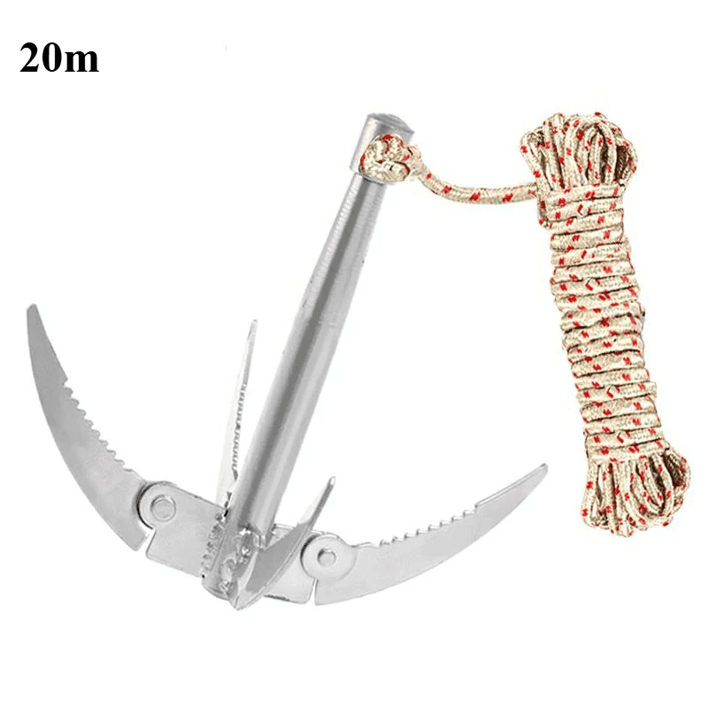 3 claw grappling hook made of durable metal with attached rope for climbing and outdoor adventures