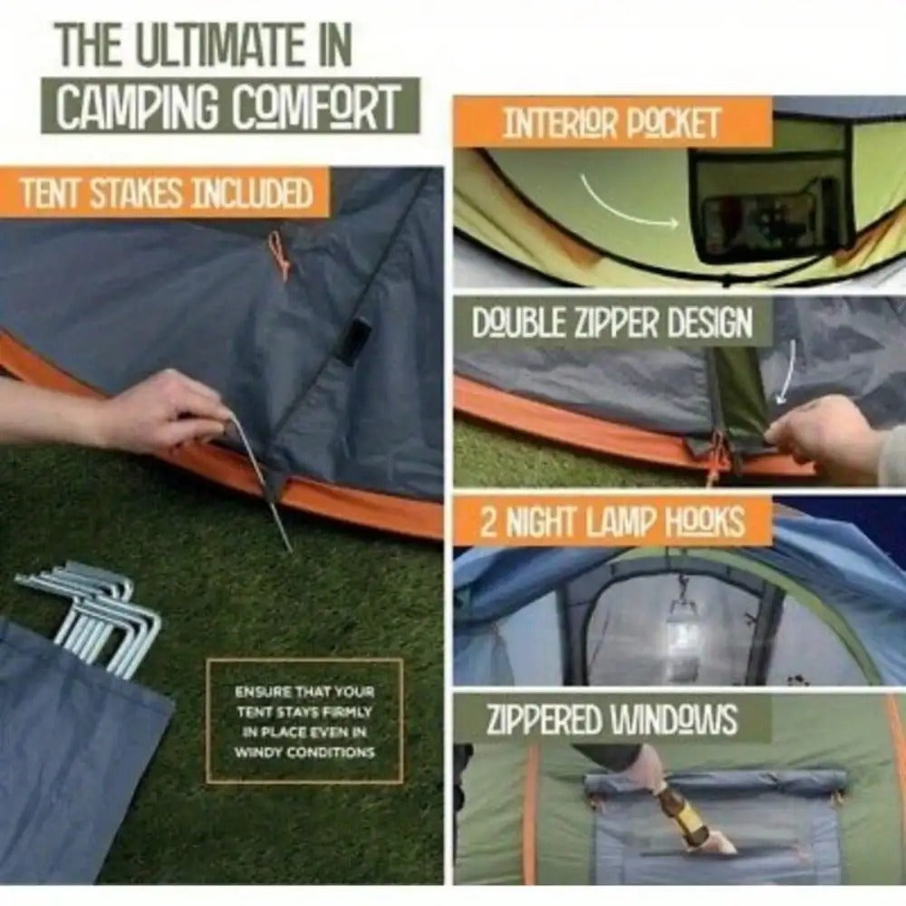 4 Person Instant Tent features zipper design, interior pocket, lamp hooks, and zippered windows for camping comfort