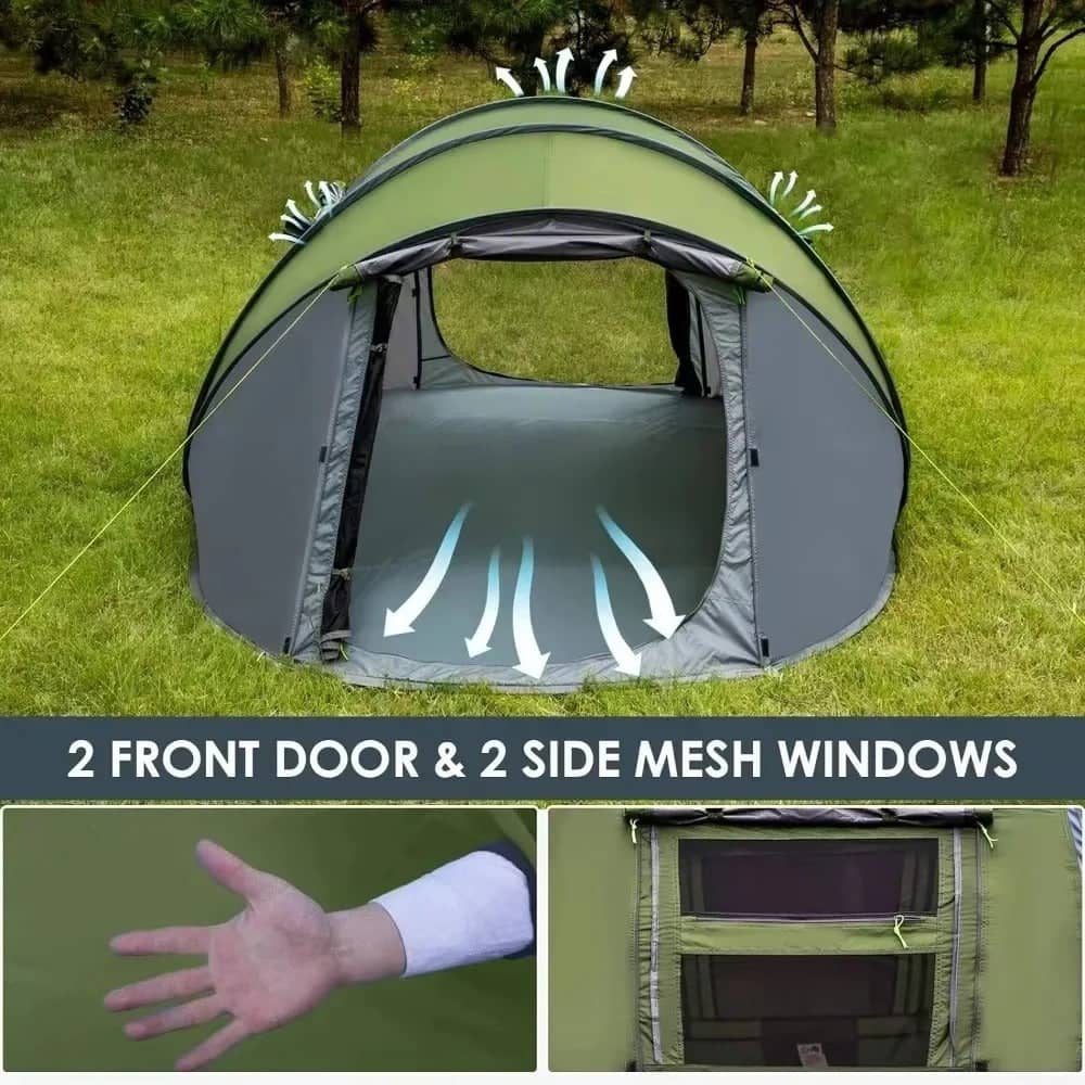 4 Person Instant Tent featuring 2 front doors and 2 side mesh windows for easy access and ventilation
