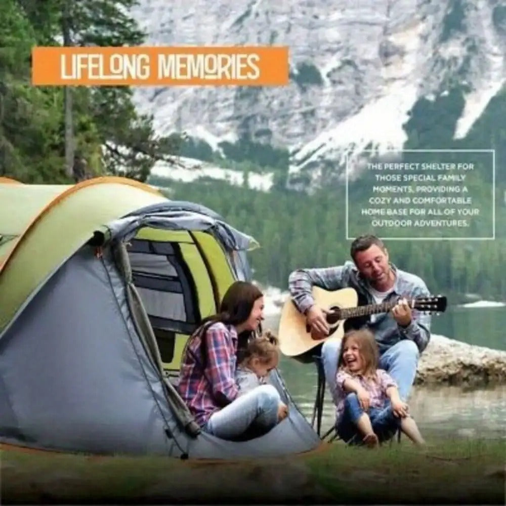 Family enjoying music outside a 4 Person Instant Tent by Military-Outdoors.com in a scenic setting