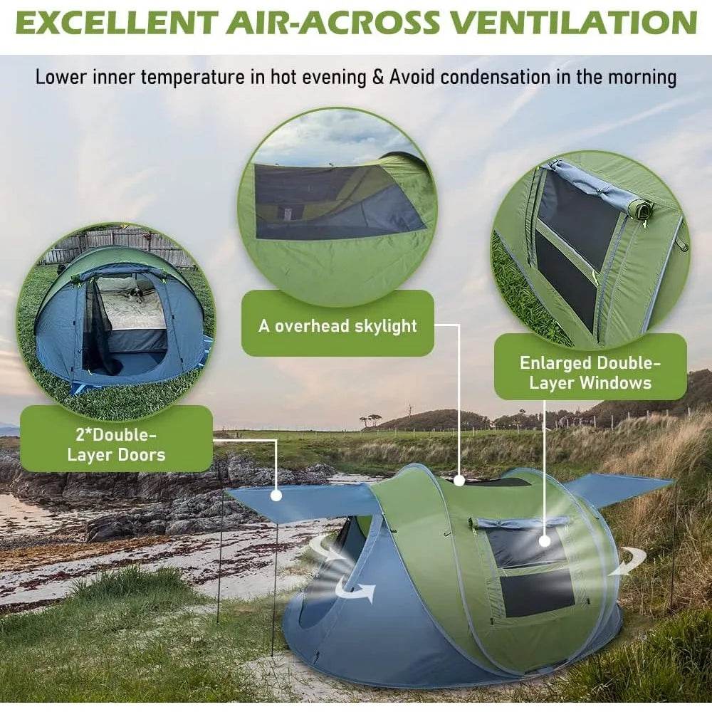 4 Person Instant Tent with excellent air ventilation, double-layer doors, and overhead skylight for outdoor comfort