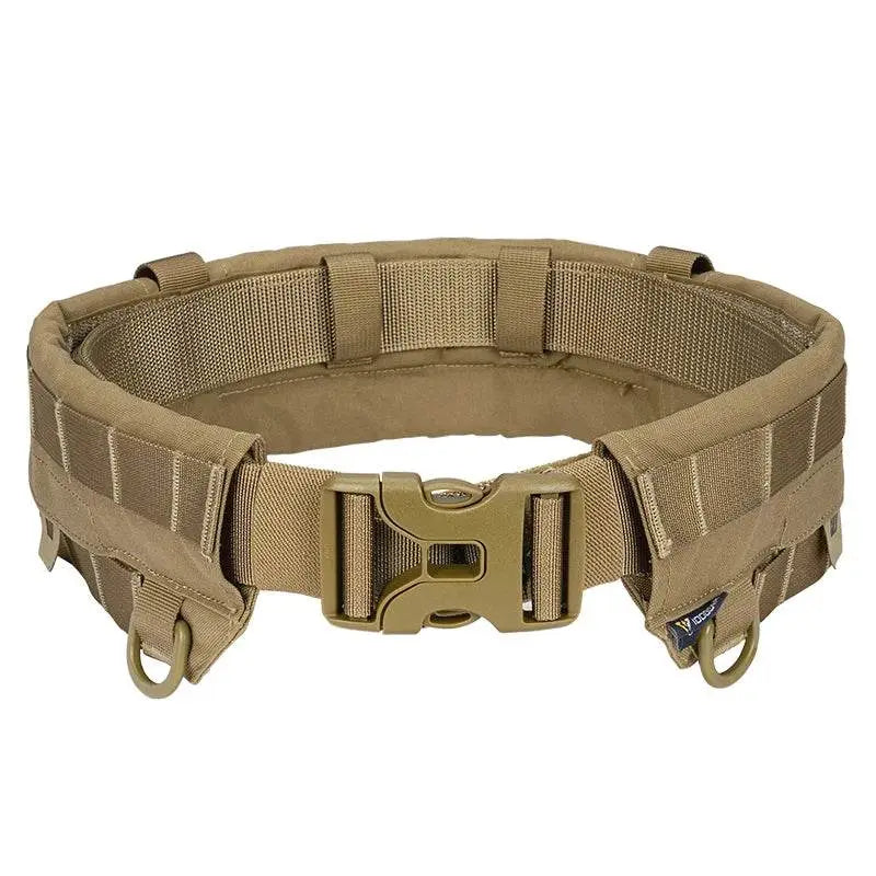 Tactical belt in tan with adjustable outdoor belt features for gear attachment
