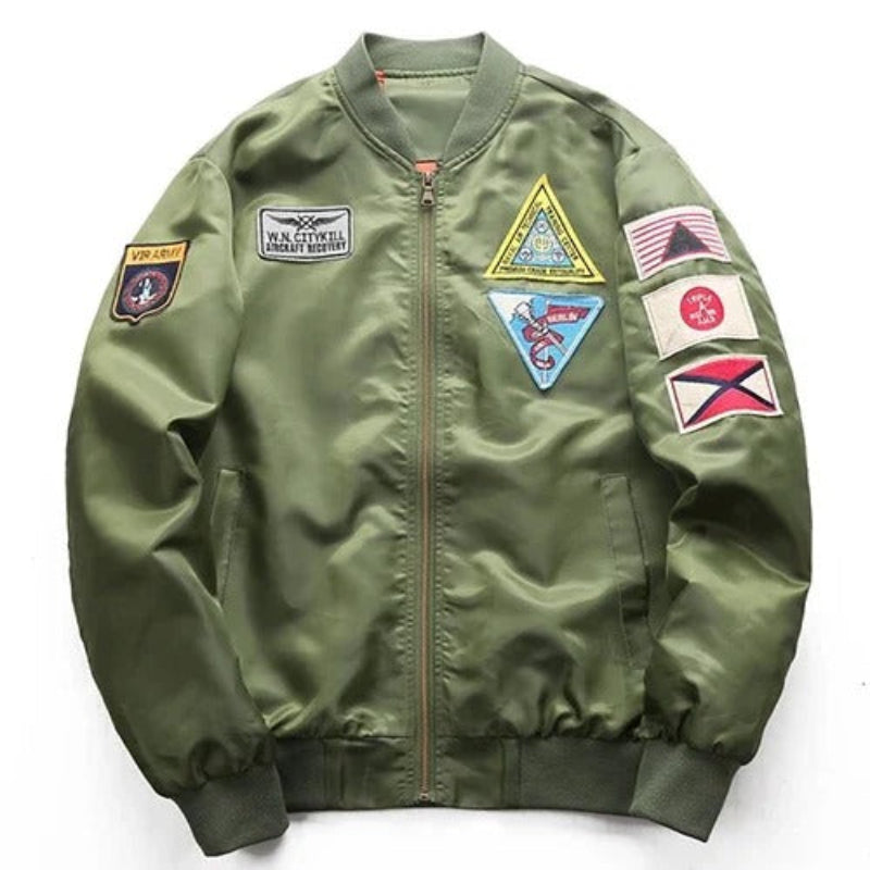 Olive Green Air Force Pilot Jacket with Military Patches and Zip Front Closure
