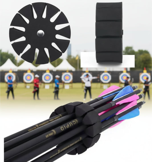 Black archery bow holder with arrows, black wheel component, and black strap on a white background.