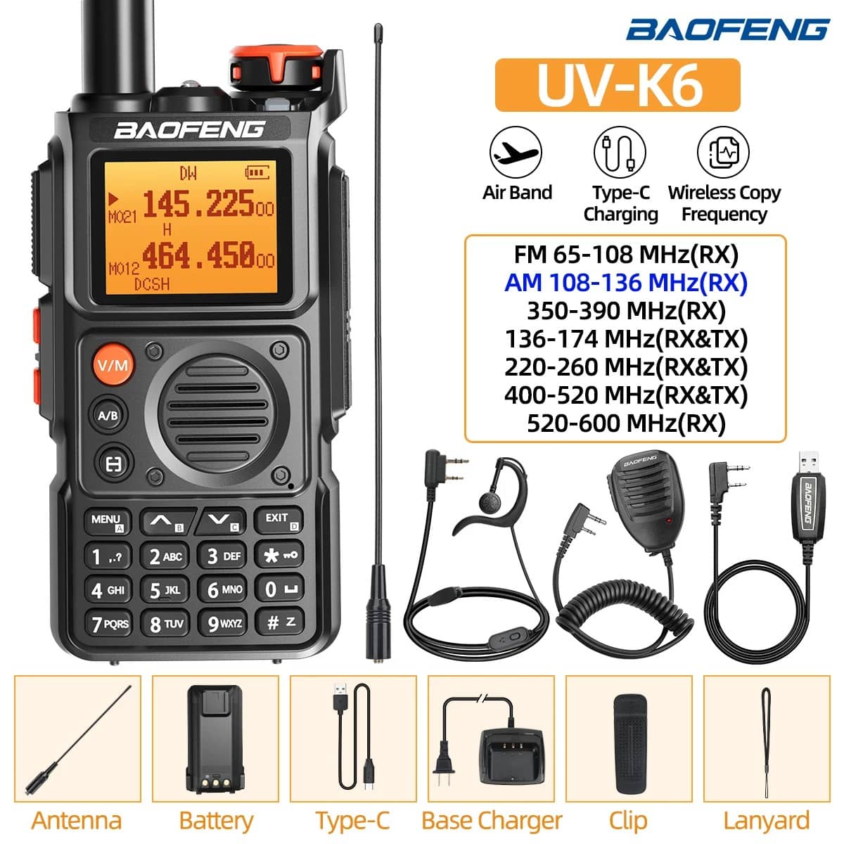 Baofeng K6 Walkie Talkie in black with air band and wireless copy functionality