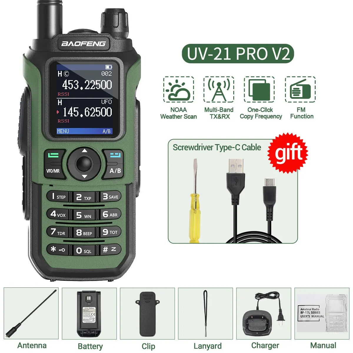 Baofeng UV-21 PRO V2 Walkie Talkies with NOAA Weather, Multi-Band TX-RX, and One-Click Emergency Feature