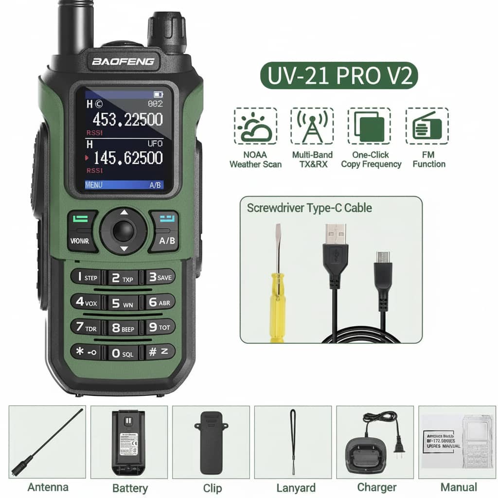 Baofeng UV-21 PRO V2 Walkie Talkies with NOAA Weather, Multi-Band TX-RX, and One-Click Emergency Feature