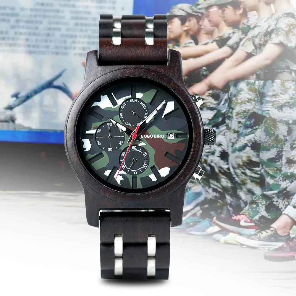 Stylish wooden military watch with camouflage design and multifunctional dials for outdoor enthusiasts