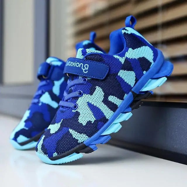 Boys camouflage sneakers in blue with a comfortable fit for active play and outdoor adventures