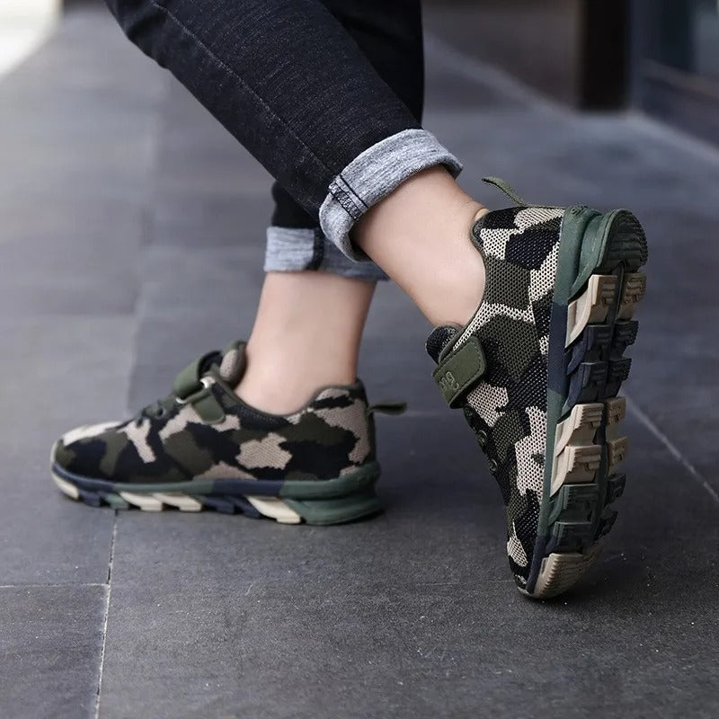 Boys camouflage sneakers featuring a stylish design and durable sole for active play