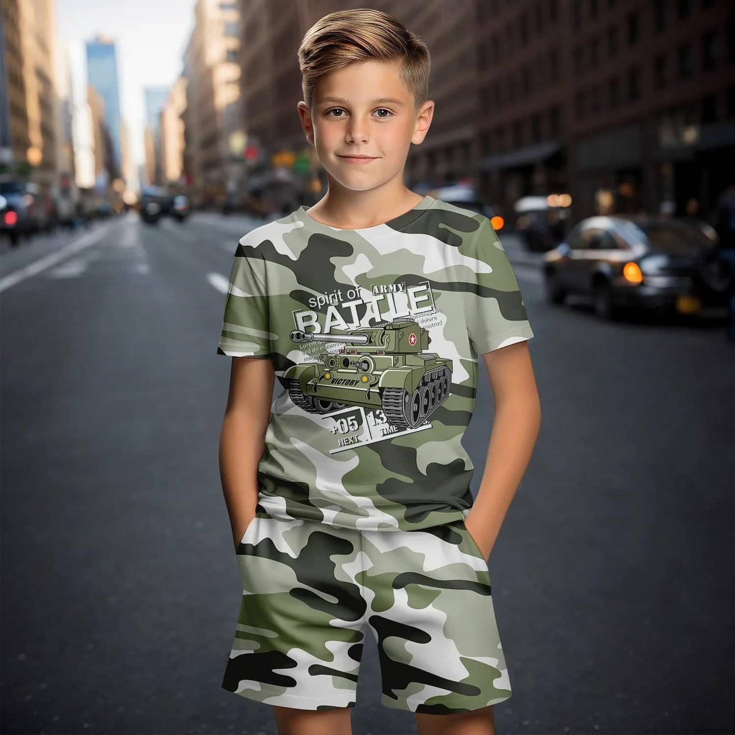 Boys summer camo set featuring a tank graphic t-shirt and matching shorts for casual outdoor wear