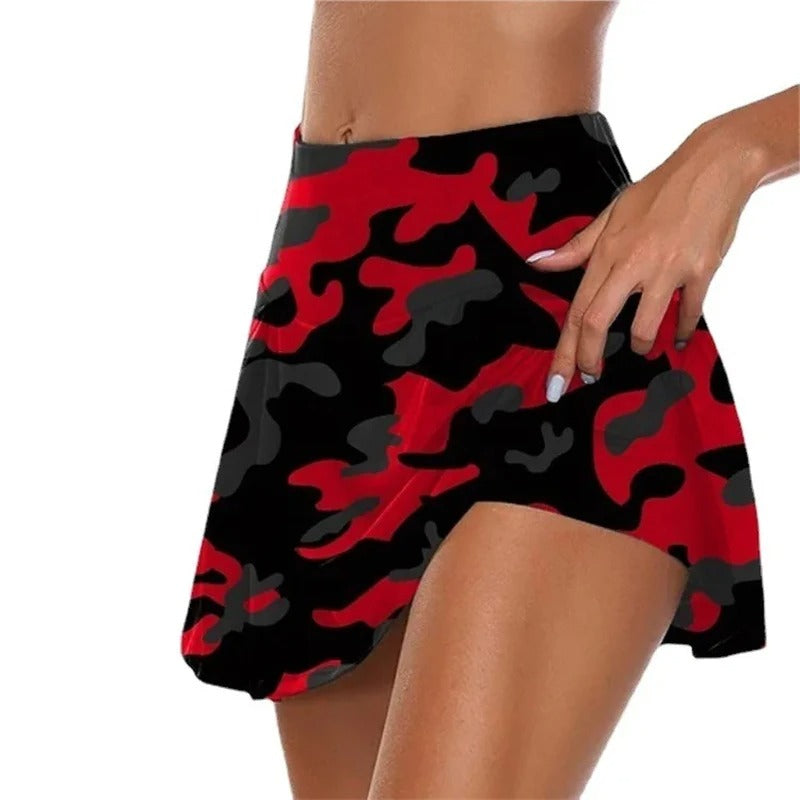 Red and black camo culottes skirt for stylish outdoor adventures