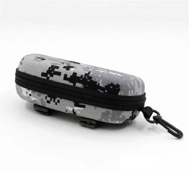 Camouflage glasses case with zipper and clip for secure storage