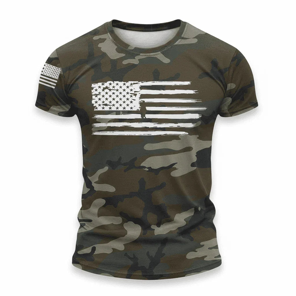 Camouflage Short Sleeve T-shirt with American Flag Print for Outdoor Activities