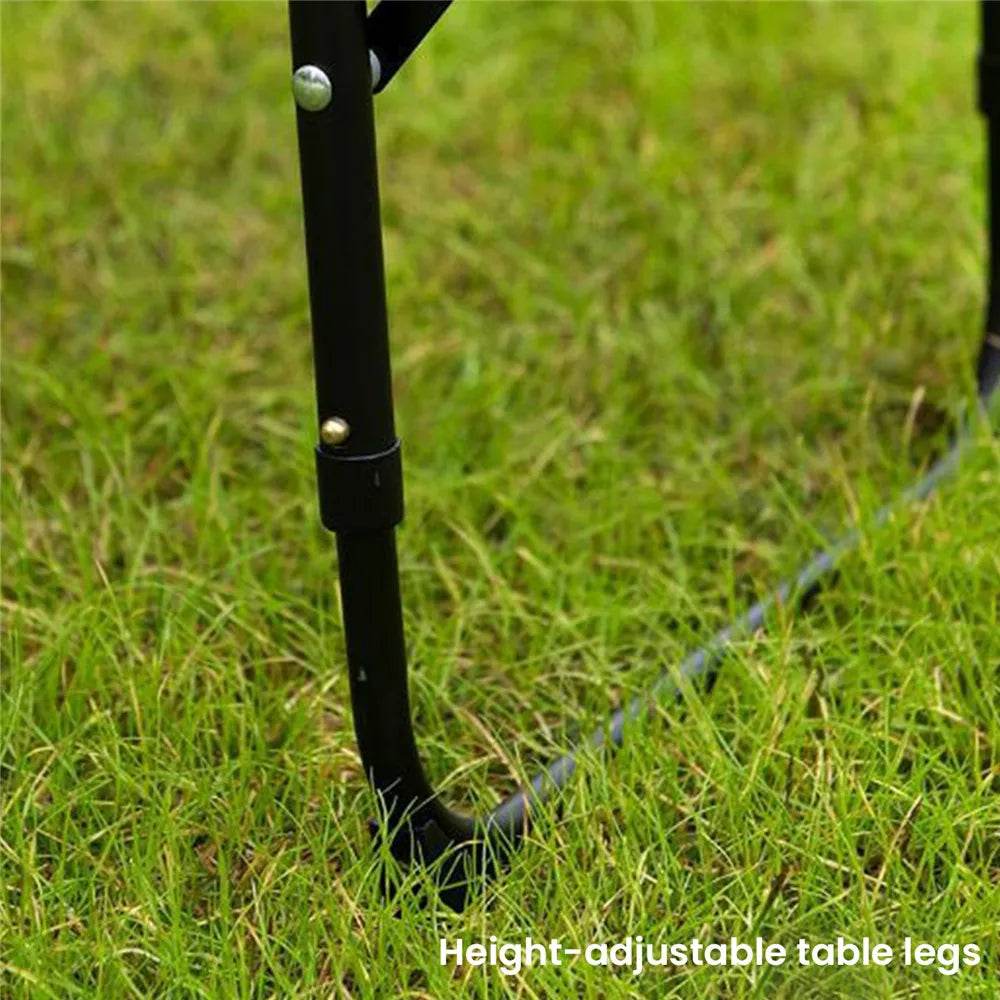 Iron mesh folding table with height-adjustable legs for outdoor use