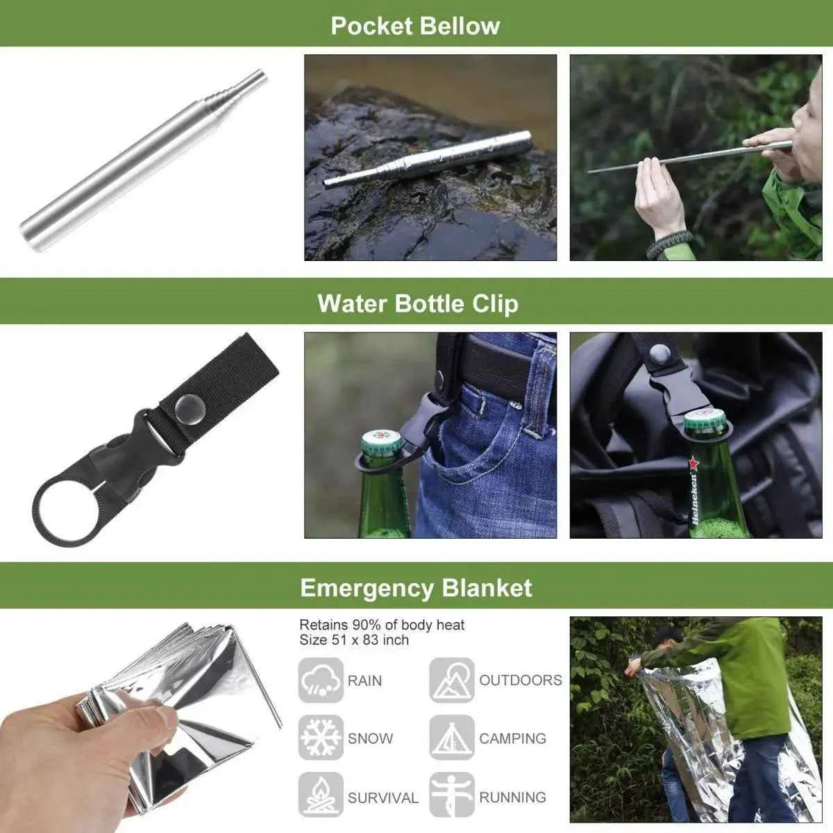 Military-Outdoors camping survival kit with pocket bellow, water bottle clip, and emergency blanket for outdoor use