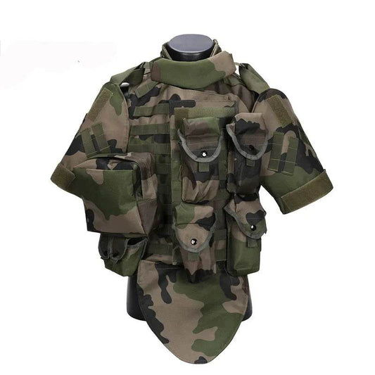 Combat Tactical Vest in camo design with multiple storage pockets for military use