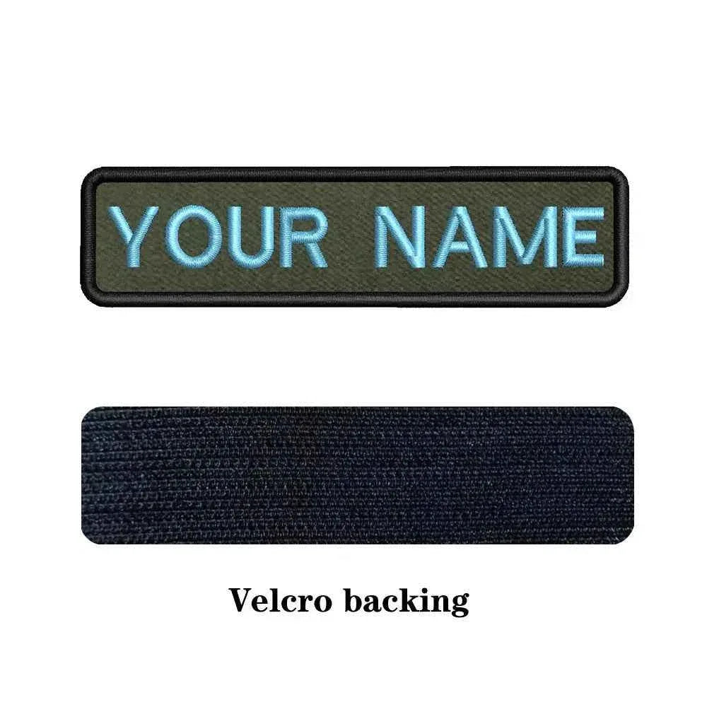 Custom name patch in olive green with blue lettering for military personalization