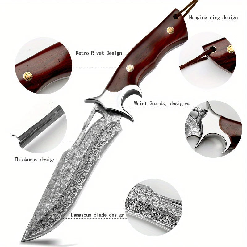 Military-Outdoors Damascus handmade knife with a sleek design and elegant wooden handle
