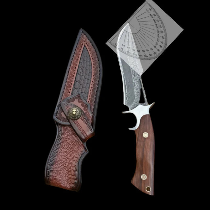 Damascus steel handmade knife with a wooden handle and decorative leather sheath
