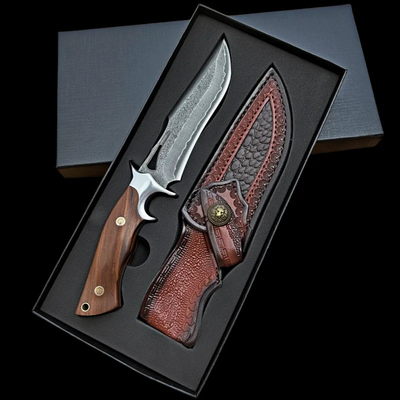 Damascus steel handmade knife with wooden handle and leather sheath, packaged in a stylish box