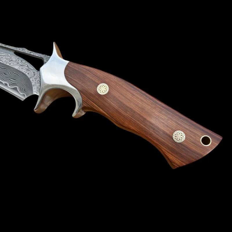 Damascus steel handmade knife with wooden handle and intricate blade design for outdoor enthusiasts