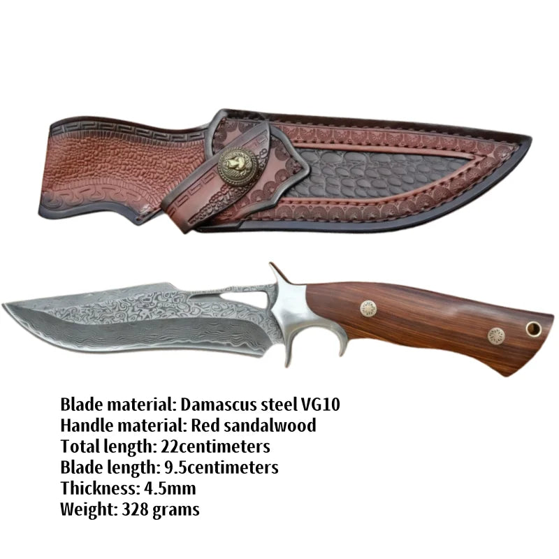Damascus steel handmade knife with red sandalwood handle and decorative leather sheath