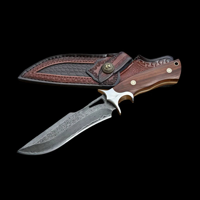 Damascus steel handmade knife with a stylish wooden handle and a leather sheath