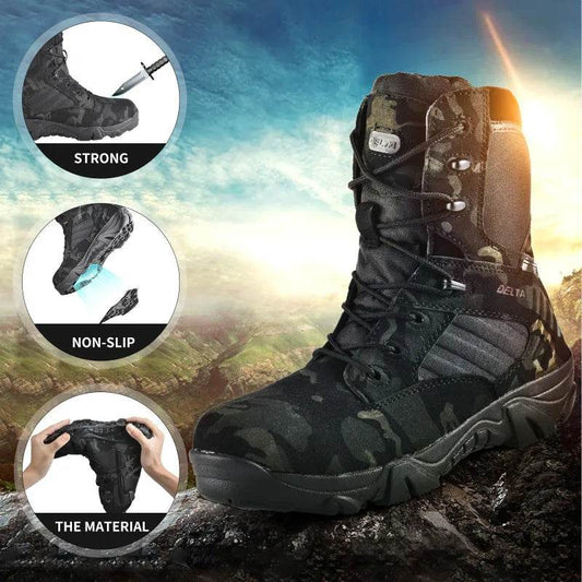 Delta Tactical Boots in Black Camo, designed for outdoor activities and non-slip performance