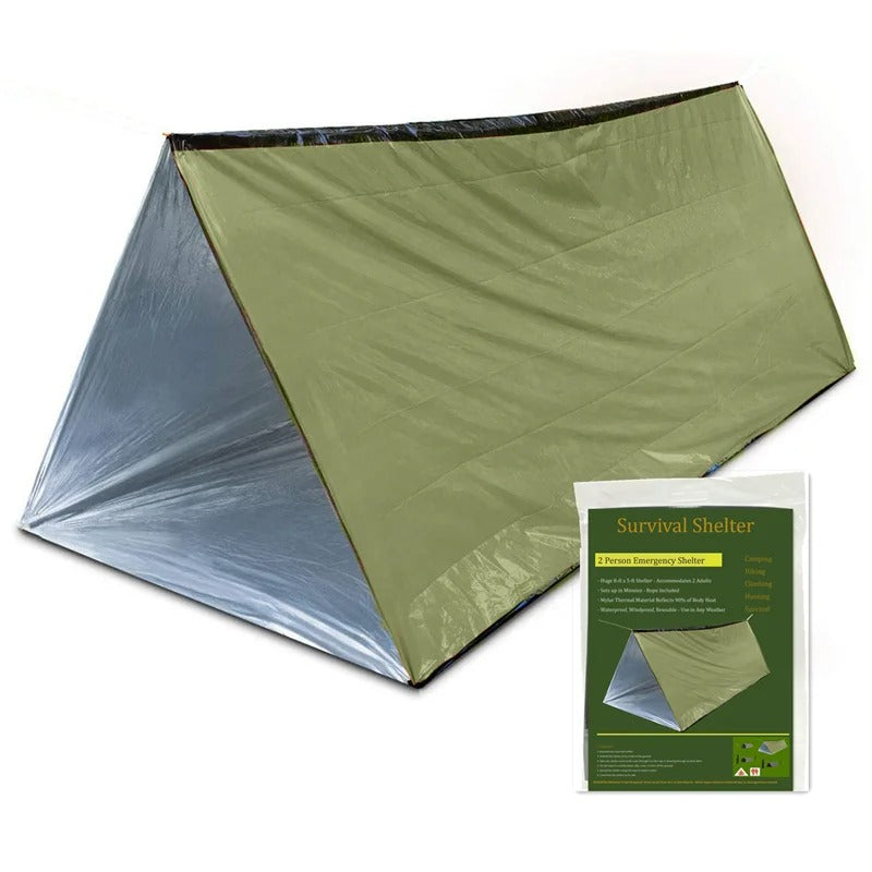 Green emergency shelter tent for survival and outdoor use