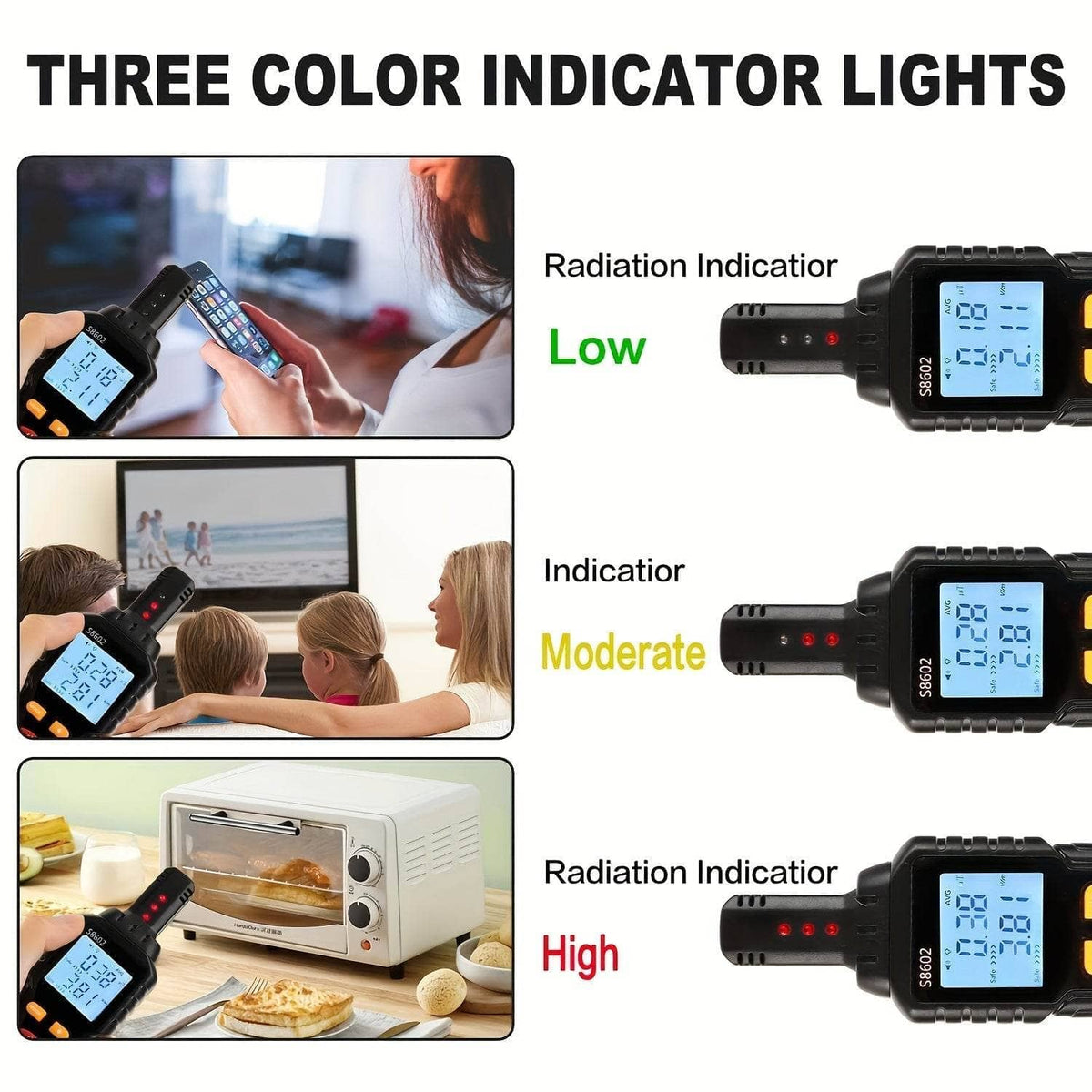 EMF meter with color indicator lights for radiation detection