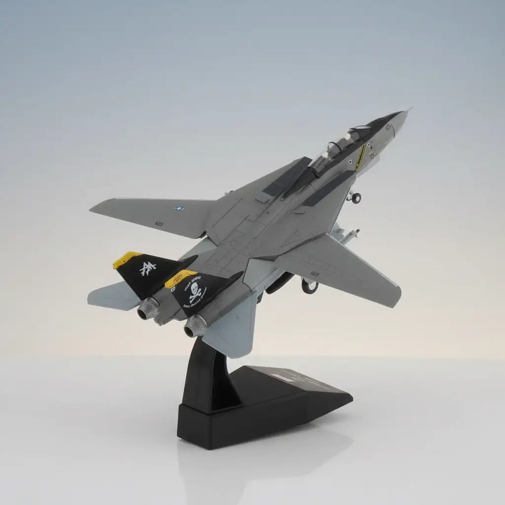 F-14 fighter jet model in gray with detailed features and display stand