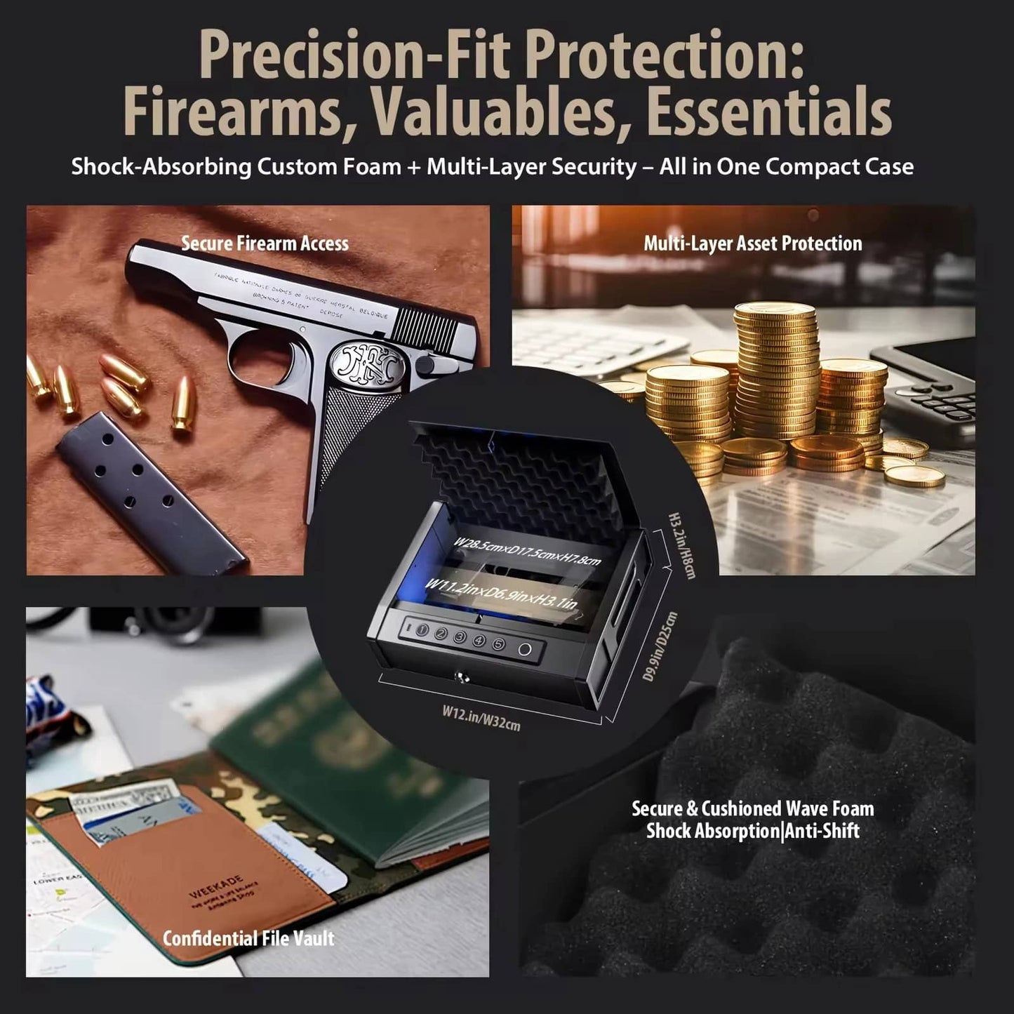 Fingerprint pistol safe with shock-absorbing foam and multi-layer protection