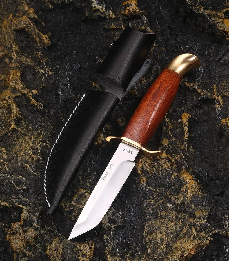 Finka NKVD knife with wood handle and leather sheath for outdoor use