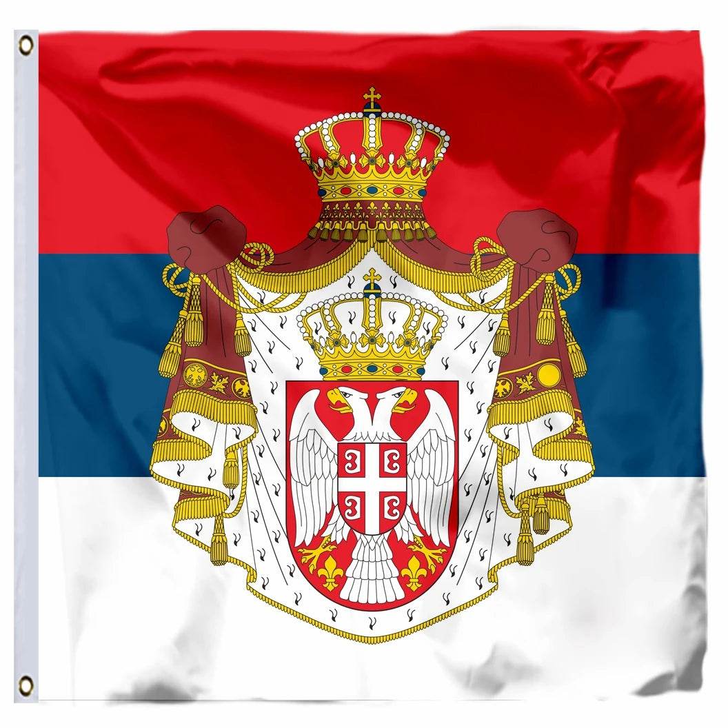 Serbia and Republika Srpska flags featuring vibrant colors and an intricate coat of arms design