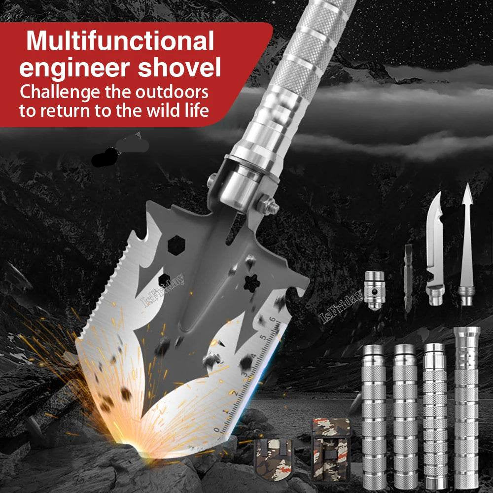 Multifunctional folding military shovel with various attachments for outdoor adventures